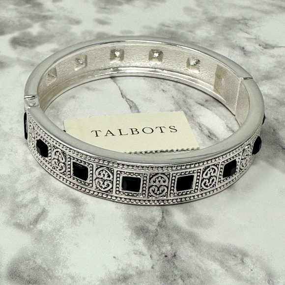 Talbots Silver Tone Black Squares Hinged Bangle Clamper Bracelet - Picture 1 of 7